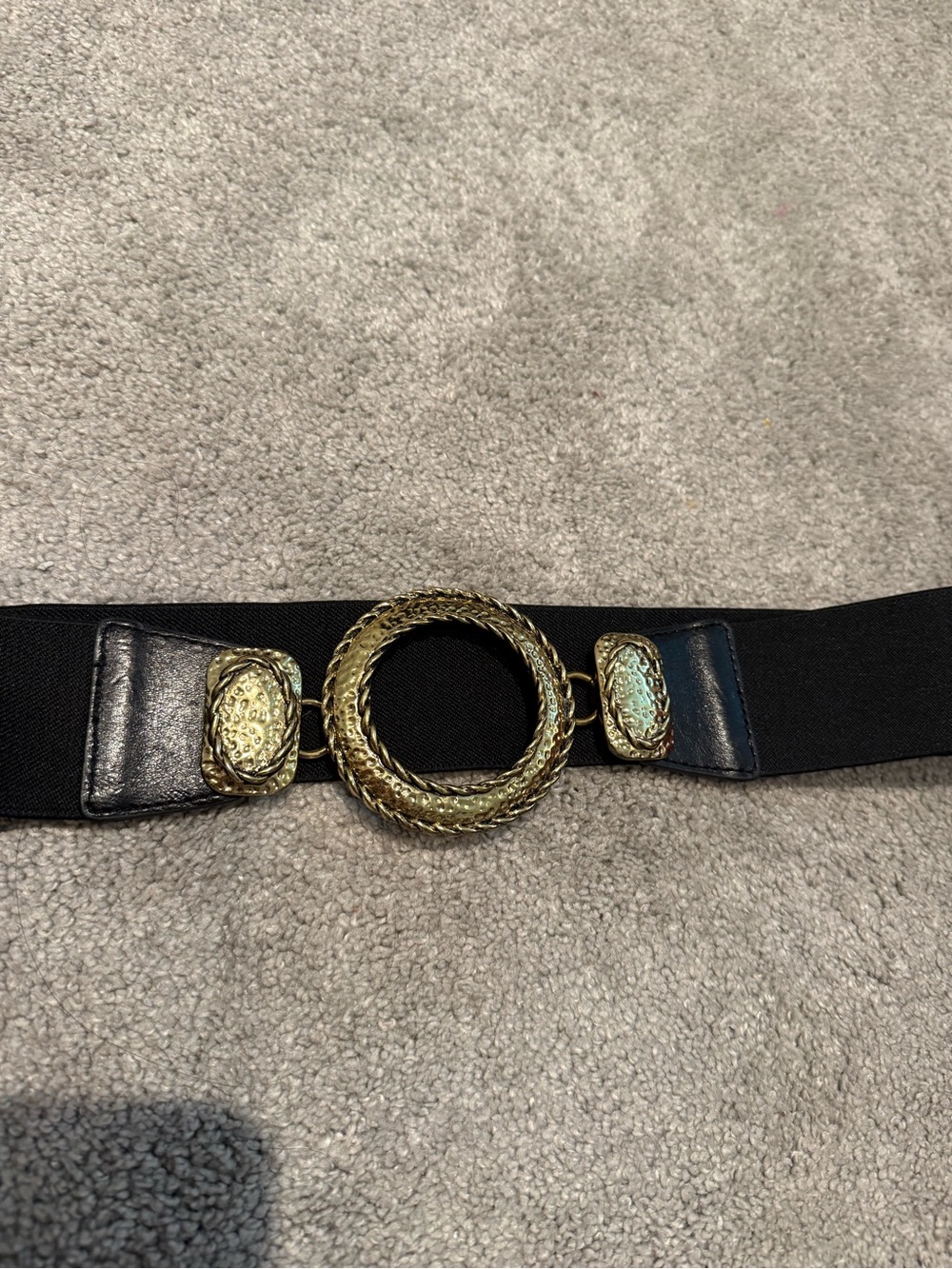 Chicos Black Elastic Waist Belt with Gold Rope Ring Accents